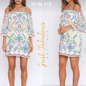Flying Tomato White Off-Shoulder Embroidered Multicolor Mini Dress